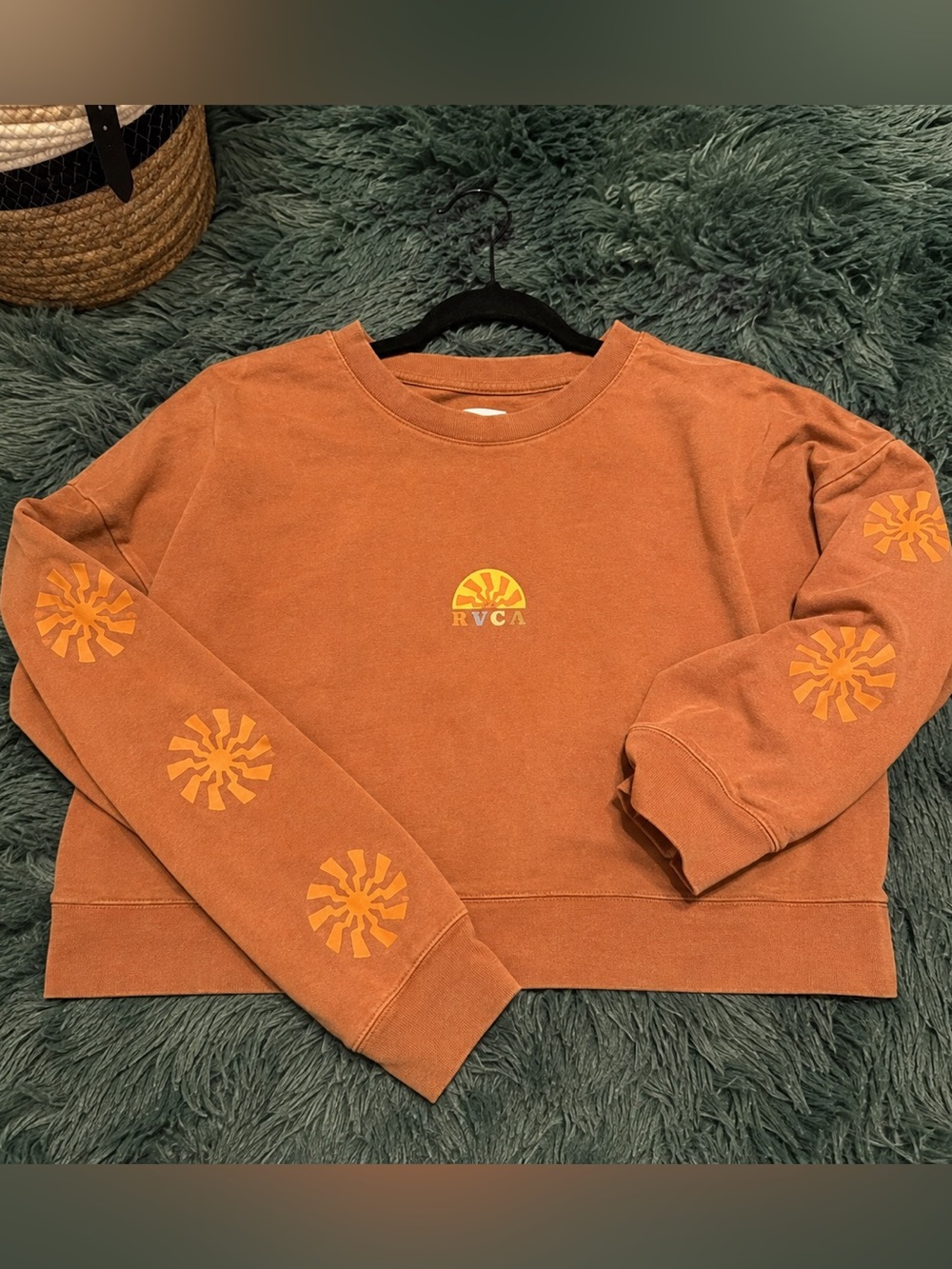 RVCA Shine Sun Graphic Cropped Crewneck Sweatshirt Brown Size S